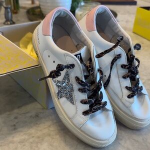 New Golden Goose White Sneakers with Pink Heel and Glitter Star